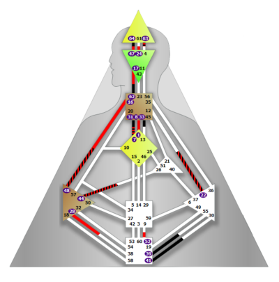 Farbiger Human-Design-Bodygraph als Beispiel für ein Human Design Reading, mit definierten und offenen Zentren